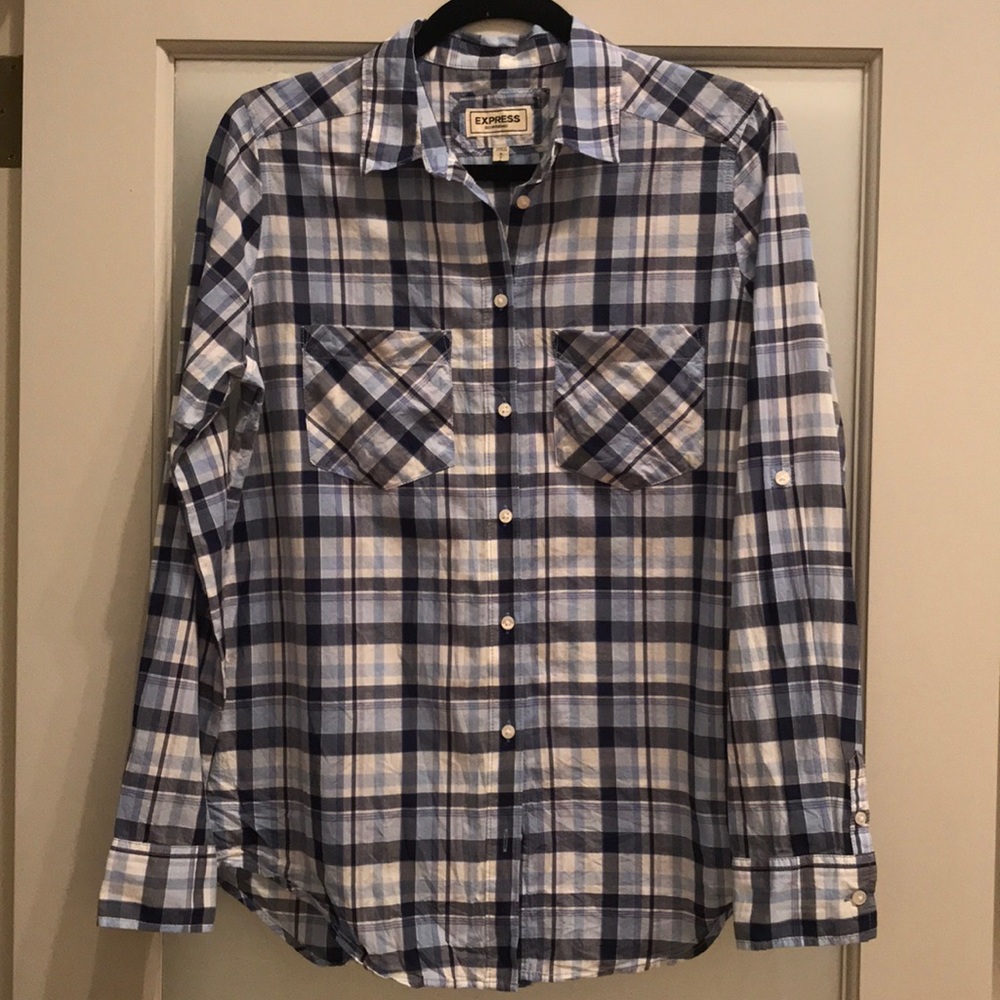 Express Blue Plaid Button Up Shirt